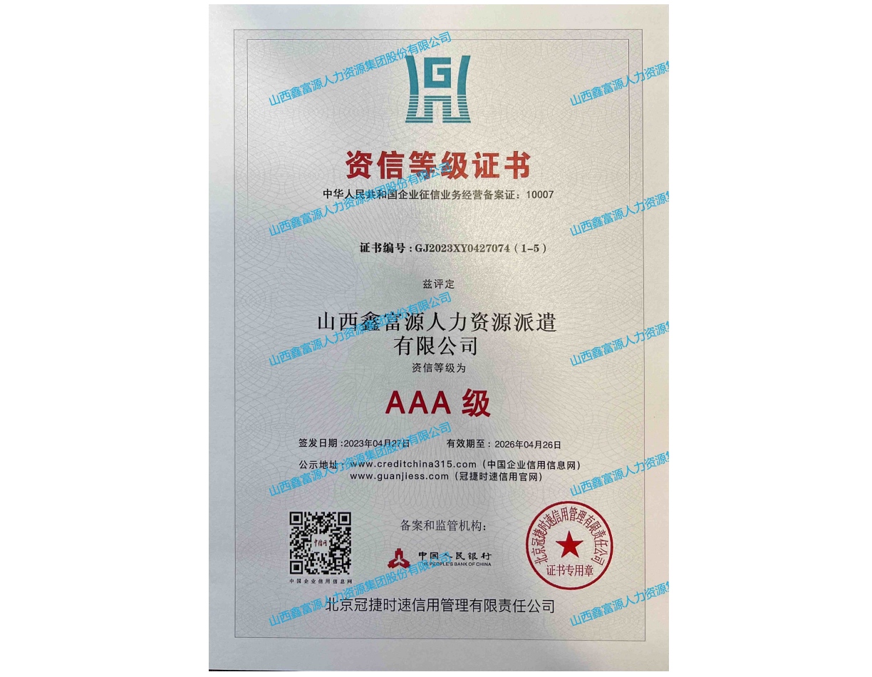 AAA級資信等級證書